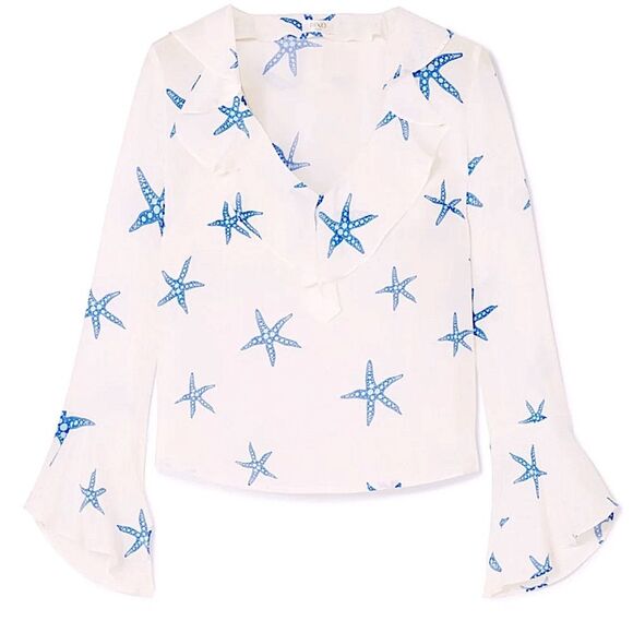 Rixo London Starfish Jane Ruffle-trimmed printed silk-crepe blouse Size Small - Picture 2 of 16
